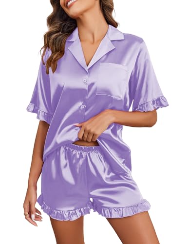 Image of Ekouaer Satin Pajama Set for Women 2 Piece Pj Sets Short Sleeve Sleepwear | Super Soft Silky Summer Loungewear Set with Ruffle Short Sleeve Top and Pocket Shorts, Casual Travel Daily Gift