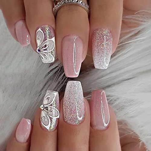 Handcess Uñas postizas con degradado de ataúd, cortas, brillantes, color blanco, rosa, a presión, uñas postizas de acrílico con mariposa, 24 piezas para mujeres y niñas Cover