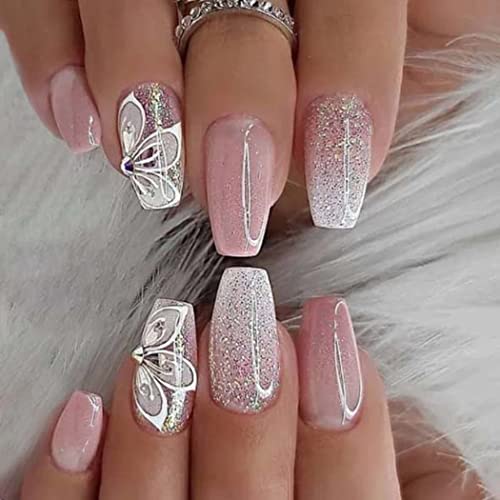 Handcess Uñas postizas con degradado de ataúd, cortas, brillantes, color blanco, rosa, a presión, uñas postizas de acrílico con mariposa, 24 piezas para mujeres y niñas