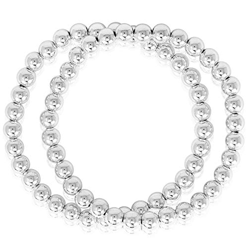 SM Stainless Steel Gold Silver Rose gold Beaded Ball Bracelets Set for Women Stretchable Elastic Bracelet (6mm Solid 2pcs - Silver)