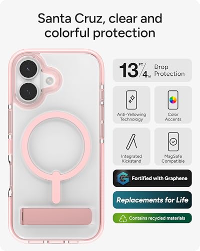 Image of ZAGG Santa Cruz Snap Case with Kickstand for iPhone 17 - Pink Sorbet, Drop Protection (13ft /4m), MagSafe Charging Compatible, ClearGuard Anti-Yellowing Technology, Scratch Resistant Phone Case