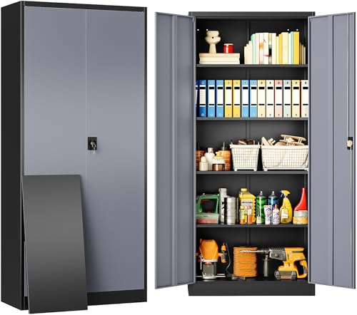 Image of SISESOL Metal Storage Cabinet with 2 Doors and 5 Shelves,Gray Metal Cabinet with Lock,71 inch Lockable Garage Storage Cabinets,Locking Steel Cabinets for Home,Office,Garage,School