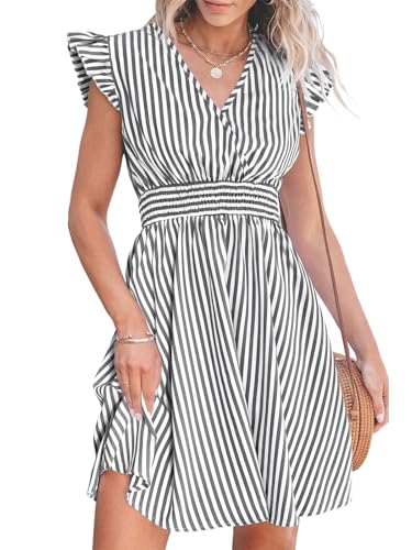 Image of CUPSHE Women's Mini Dress V Neck Flutter Sleeve Striped Smocked Waist A Line Short Summer Cocktail Dress