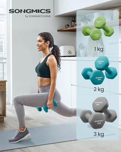 SONGMICS Kurzhantel Set, Hexagon, mit Hantelständer, 2 x 1 kg, 2 x 2 kg, 2 x 3 kg, mattes Finish, Neopren-Beschichtung, Krafttraining, zu Hause, limettengrün, aquamarin und hellgrau SYL612GN
