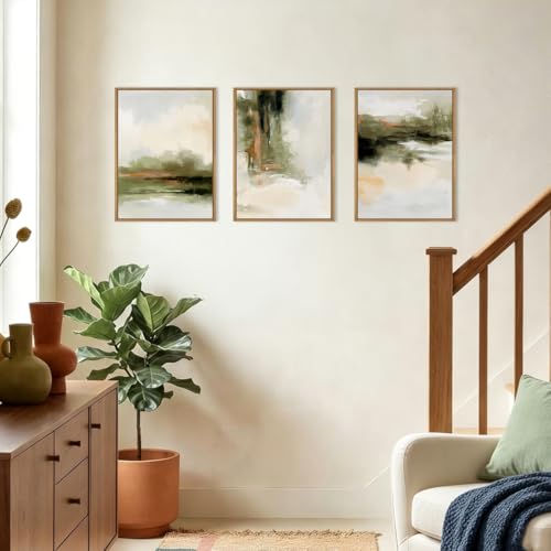 Image of KAIRNE Green Abstract Neutral Framed Canvas Wall Art Set,Modern Watercolor Shapes Wall Decor,Minimalist Pastel Art Prints,Brown Gray Tan Artwork for Living Room,Bedroom,Farmhouse,Office-12 x16 x3