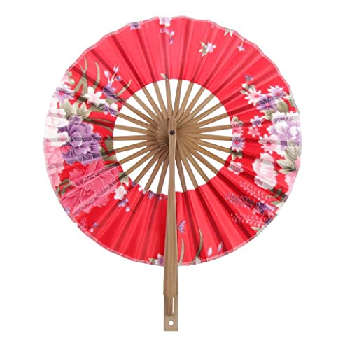 Tiuimk Japanischer Fächer, Art-Déco-Stil, runder Seidenstoff, Bambus-Fächer, faltbar, für Damen, Hochzeit, Party, Heimdekoration, Rot Cover