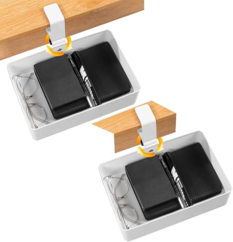 QeMiyg テーブル下収納ラック 360度回転 デスク下引き出し 小物整理 クランプ式 磁石吸着 多機能収納 天板0.5?5cm設置 スチール製 耐久性クッションパッド ブラック 2個 (2個,ホワイト)
