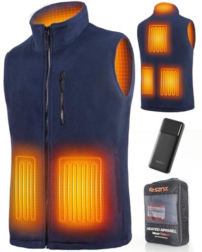 Gilet Chauffant Homme avec Batterie Incluse, Veste Chauffante Sans Manche, Doudoune et Blouson Chauffant Électrique en Polaire, 6 Zones de Chaleur pour l'Hiver, Bleu, L