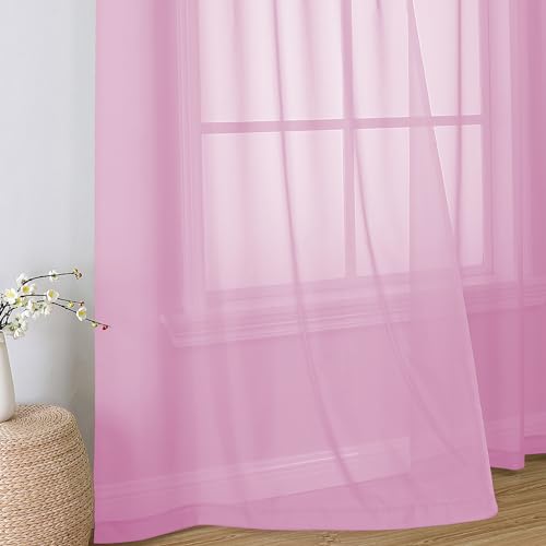 Image of Simplebrand Pink Short Sheer Curtains 45 Inch Length for Small Windows, Rod Pocket 2 Panels Set Solid Voile Drapes Window Sheer Curtains for Bedroom Bathroom Kids Room Kitchen, 42x45 Inch, 2pcs