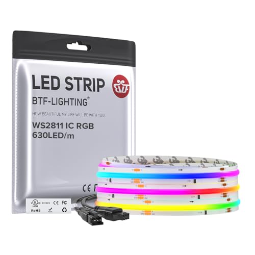 BTF-LIGHTING WS2811 Smart IC RGB FCOB COB LED Strip, UL Listed 630LEDs/m High Density Color Chasing Uniform Light, DC12V 9.8FT 10mm Width Tape Light for Home Party DIY Decor(No Adapter or Controller)