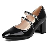 Semelle en caoutchouc FamMe Chaussures habillées Mary Jane pour Femmes, Double Bride, Bout carré fermé, Talons Hauts, en Cuir PU, Talons épais pour Le Travail décontracté et Le Mariage,Noir,46