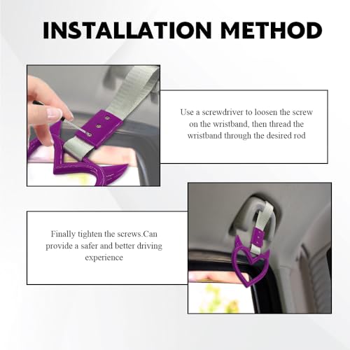 Image of 2PCS Heart shaped Car Handle Straps, Heart Car Accessories, Ring Hearts Shaped Cars Hand Strap Drift Charm, Universal Handle Keychains Accessory Suitable for Cars Bus (Purple+silver)