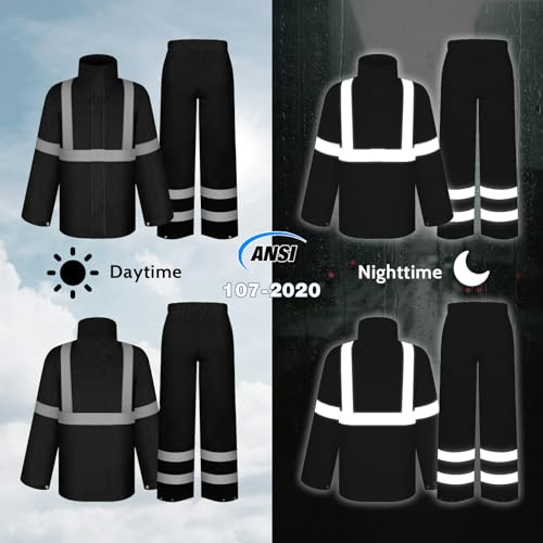 Image of TCCFCCT Class 3 Reflective Rain Suits for Men - Waterproof Lightweight Pants With Hood, High Visibility Gear for Safety Work & Outdoors, Durable, 2XL-3XL Black P