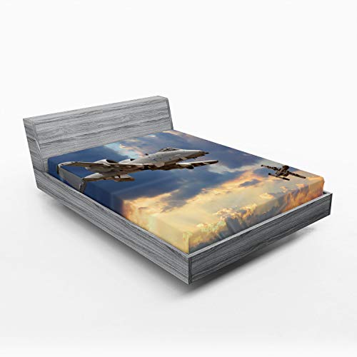 Ambesonne Airplane Fitted Sheet, Peacekeepers Mission Jet up International Flight Picture Aviation Theme Image, Bed Cover with All-Round Elastic Deep Pocket for Comfort, King Size, Blue Peach