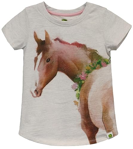 John Deere Oatmeal Horse with Flower Neck Short Sleeve Girls T-Shirt Sizes 5 6 6X 7 8 10 12 (as1, Age, 6_Years)