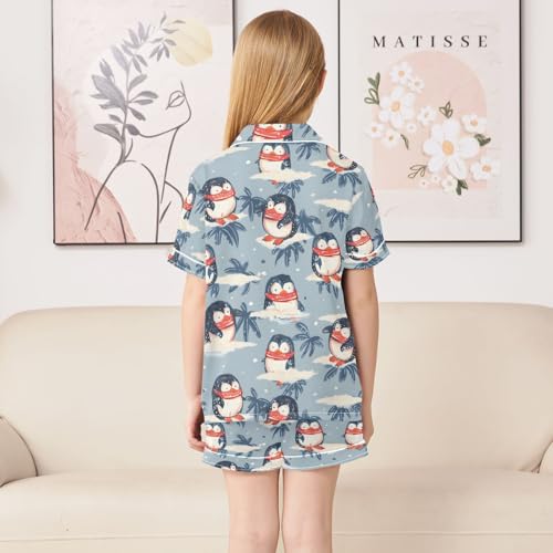 ALAZA Penguin Blue Palm Tree Pajamas Satin Pajama Set Short Sleeve Button Down Sleepwear4