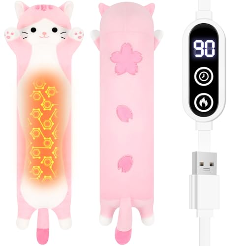 Sprinqdawin Sakura Cat Heating Pad-USB Heated Plush Stuffed Animals for Period Cramps and Menstrual Pain Relief 22 Portable Electric Kitten Heating Pads Built-Pocket Plush Girls Birthday Gifts Pink