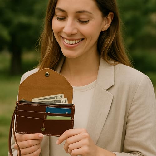 Full Grain Leather Zipper Currency Pouch 4 Card Slots Utility Pouch Cash Organizer Continental Wallet for Gift (Wine)2