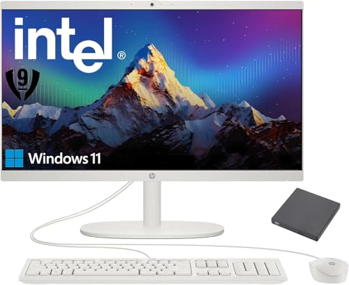 Image of HP 21.45 inch FHD All-in-One PC, Intel N200, 32GB DDR5, 1TB PCIe SSD, WiFi 6, Bluetooth, Windows 11 Home, Includes Wired Keyboard & Mouse + External 9H 6-in-1 DVD Drive, White