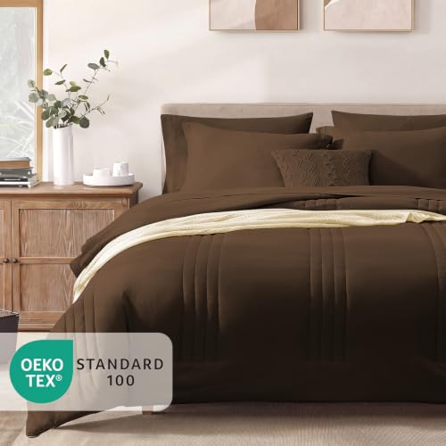 Image of Monbix Full Comforter Set - 7 Pieces Chocolate Brown Bed in a Bag Full Size Bedding Sets with Comforters, All Seasons Comforter with Sheets, Pillowcases & Shams