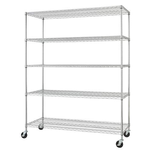 Trinity EcoStorage Heavy Duty 5-Tier Adjustable Wire Shelving with Wheels for Kitchen Organization, Garage Storage, Laundry Room, NSF Certified, 800 to 4000 Pound Capacity, 60” by 24” by 72”, Chrome