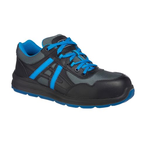 Portwest FT60 Compositelite Mersey Trainer S1P Metal Free Composite Toe Midsole Leather Textile Slip Oil Resistant Breathable Lightweight Footwear, Black/Blue, 45