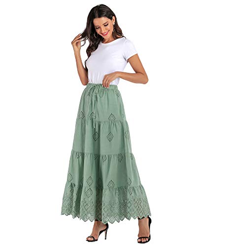 Love Welove Fashion Women's Summer Solid Cotton Embroidered Tiered Flare A-Line Ankle Length With Lining Maxi Skirt (Xxl, Solid Green) #TOP7