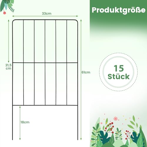 COSTWAY 15 Stück dekorativer Gartenzaun, Zaun Garten, Steckzaun Metall, 60 cm hoch, für Tierbarriere Blumenbeet Bäume, Balkon Sichtschutz, Teichzaun Beetzaun Gitterzaun rostfrei, Schwarz