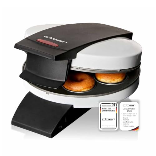 Cloer 6121 Donut Maker für 6 Mini-Donuts oder Bagels, Antihaftbeschichtung, rote Kontrollleuchte, platzsparend verstaubar, Kabelaufwicklung, Steckerdepot, weißes Metallgehäuse, 520W