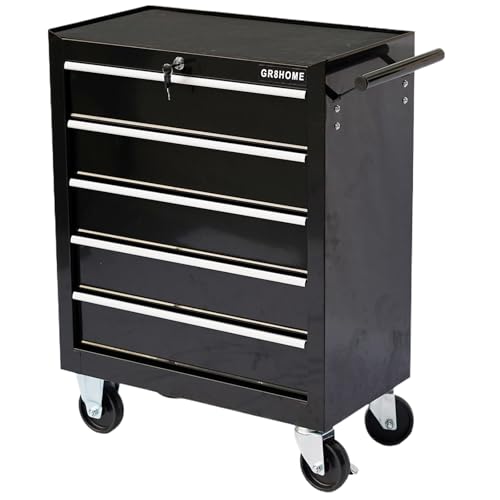 Gr8 Home Metal 5 Drawer Black Roller Tool Storage Cabinet Lockable Toolbox Chest with Wheels Handle Portable Garage Trolley Workshop Cabinet Unit Organiser