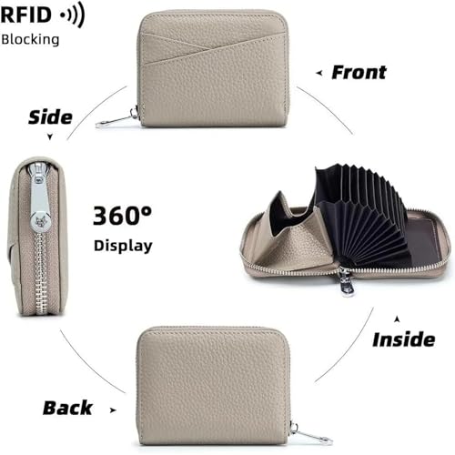 Credit Card Holder for Women Men RFID Blocking Wallet RFID Skimming Prevention Genuine Leather Wallet Multifunctional 14 Cards Compact Zipper Cards Mini Credit Card Anti-theft (Dark Green)2