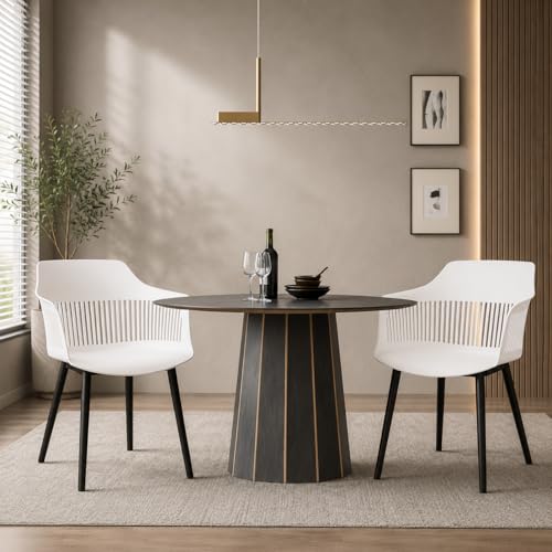 Image of Creative White Plastic Dining Chairs Set of 4 | Armrest Spindle Back Design | Plastic Shell and Legs | 1.47 Feet Seat Height | Dining Kitchen Cafe Restaurant Living Room Home Use