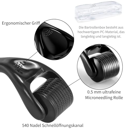 Derma-Roller 0,5mm, Bartroller Bartwuchs, Needling Roller für Gesicht Hautpflege, Derma-Roller Haare, Narbenroller, Microneedling Roller mit 540 Titanium zur Anti-Falten, Anti-Aging