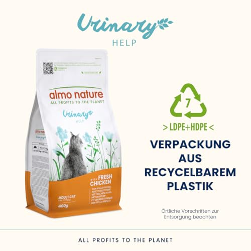 Almo Nature Urinary Help - Katzen-Trockenfutter mit Frischem Huhn - Unterstützung des Harnsystems mit Glucosamin und Reduzierten Gehalten an Magnesium, Kalzium und Phosphor - 400g Beutel