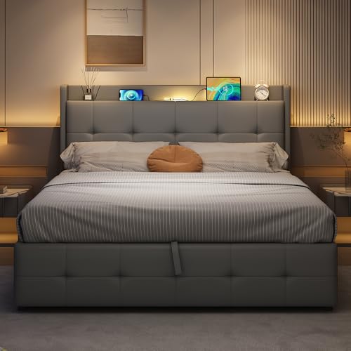 Ball & Cast Ottoman King Size Bed Frame with Storage 5ft Upholstered Bed Frame with Concealed Headboard Storage & Hydraulic Charging-Station and LED-Night Light PU 150 * 200cm Grey (No Mattress)