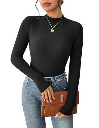 Zeagoo Women's Long Sleeve Stretch Shirts Mock Neck Ribbed T-Shirt Fitted Casual Basic Tops 20242