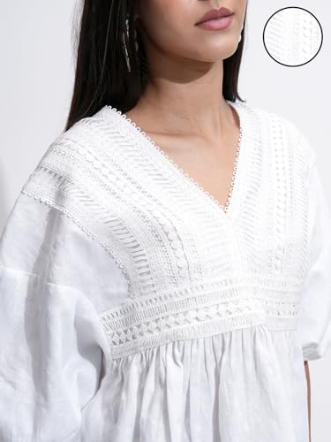 Image of Tokyo Talkies Women's Three-Quarter Sleeves V-Neck Self Design Tops|Stylish | Casual Wear