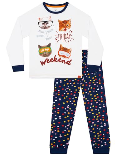 Harry Bear Pijama Niña con Motivo De Gato | Pijamas Niña | Pijama Chica De Gatos | Pijamas De Invierno De Manga Larga | Blanco 10-11 Años