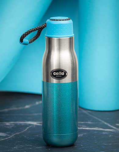 Cello Alexia Insulated Flask | Hot and Cold Stainless Steel Water Bottle | Double Walled Carry Flask for Travel, Home, Office, School | 600 ml, Blue