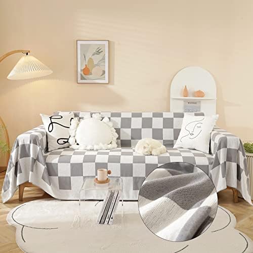 HANDONTIME Couch Cover for Cats Dogs Kids Grey Plaid Sofa Seat Covers Chenille Sofa Covers Soft with Tassel Love Seat Covers, Couch Covers for 3 Cushion Couch Sofa Futon Cover, 71" x 118" Beige/Grey