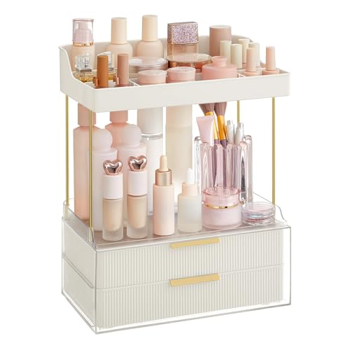 SONGMICS 4-Layer Makeup Organizer, Skincare Organizer, 4 Dividers, Anti-Slip Design, Bathroom Counter Organizer, Versatile for Vanity Bedroom Kitchen, 7.8 x 12.5 x 15.4 Inches, Cloud White UJKA021W01