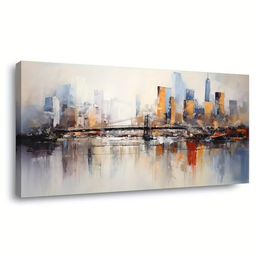 IXEHOH Cuadro en Lienzo de Horizonte de Ciudad Abstracto Decoración de Pared Moderna Paisaje Urbano con Puente Gran Formato Paisaje para Salón Oficina Pinturas Estéticas Posters 40x80cm