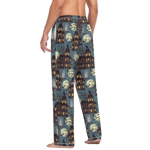 ZZKKO Pajamas Pants for Men Halloween Houses Tombstone Men's Pajama Bottoms 100% Cotton PJ Pants for Mens S-XXL4