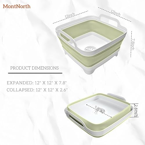 Image of 9L Collapsible Dishpan With Drain Plug - Portable Sink Basin for Kitchen, Camping, Laundry - Foldable Washing Tub, Green