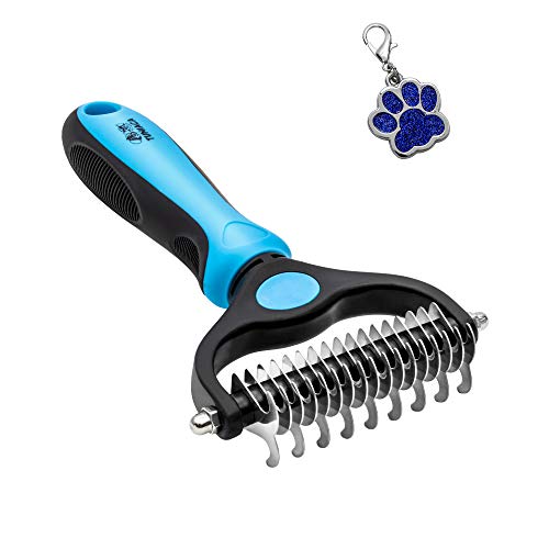 tuniaca Pet Grooming Tool -  2 Sided Undercoat Rake for Dogs & Cats - Safe Grooming & Dematting Comb for Easy Mats & Tangles Removing - No More Nasty Flying  and Shedding Hair