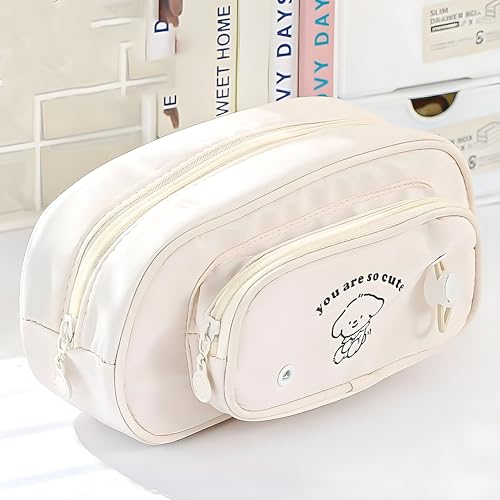 Image of Large Capacity Cute Pencil Case - Multi-Layer Stationery Organizer with Handle, Mesh Pockets & Pen Slots - Portable Storage Pouch for School, Office & Art Supplies (Beige Puppy)