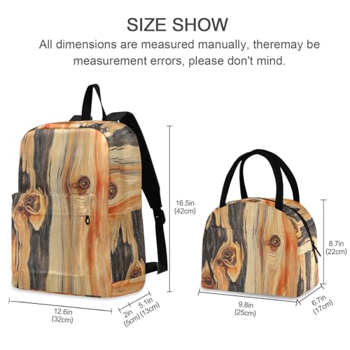 Pattern Wood Print Backpack Set with Lunch Bag, Large Capacity Travel Backpacks and Lunch Box Insulated for Commute Hiking Picnic2