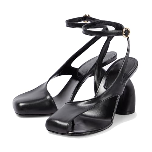Vertundy Women's Flip Flop Heels High Heeled Sandals Leather Chunky Square Toe Adjustable Ankle Strap Buckle Thong Heeled Sandals