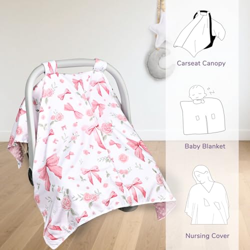 Image of Baby Car Seat Cover, Peekaboo Opening Car Seat Canopy for Baby Girls Boys, Mom Nursing Breastfeeding Covers, Blanket for Infant, Pink Rose