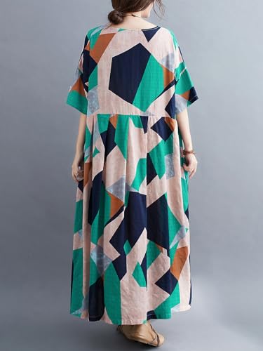 Image of Women Plus Size Color Block Dress Geometric Block Print Round Neck Side Pockets Casual Loose Dresses